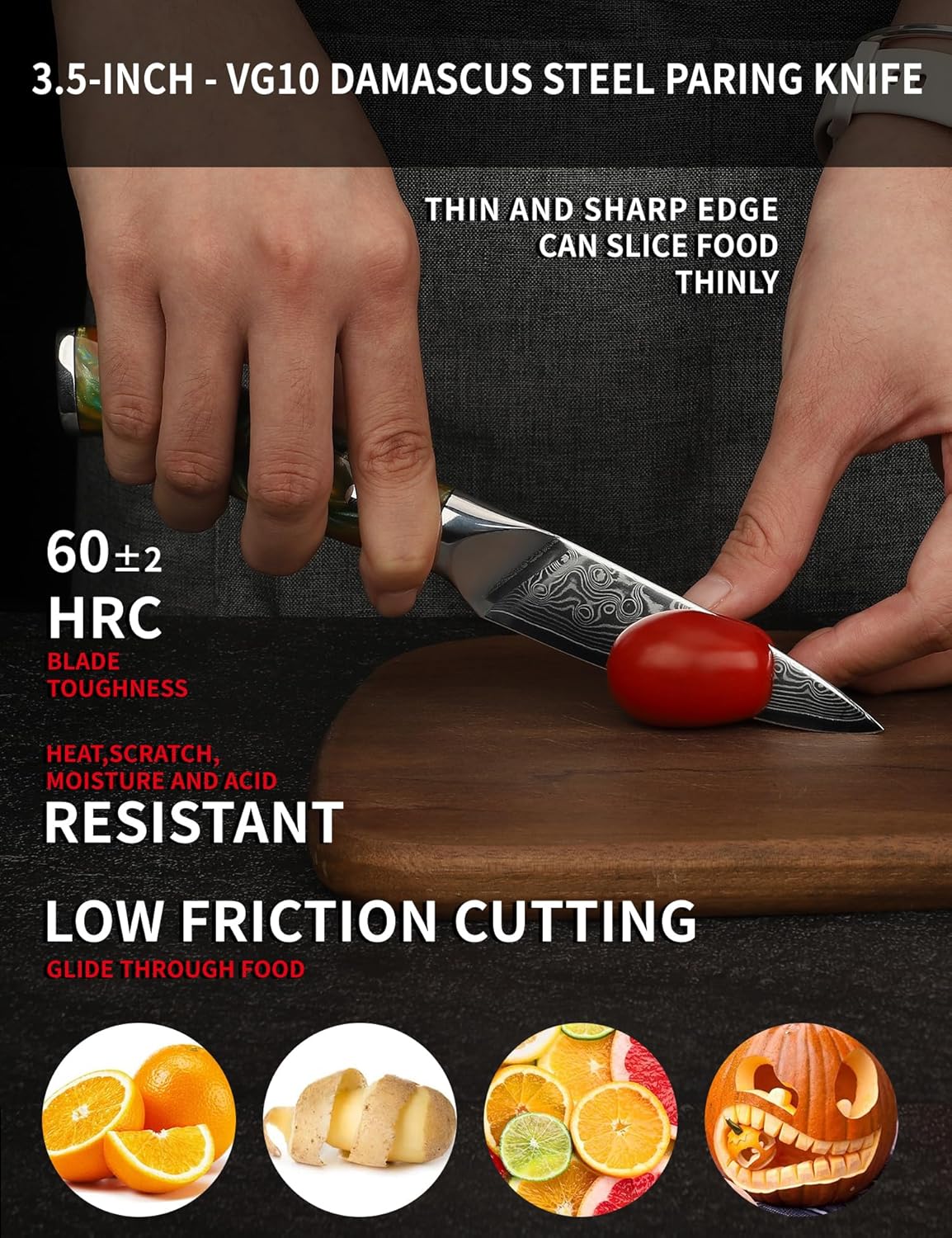 3.5 Inch Paring Knife - Kitchen Fruit Vegetable Knife Damascus Steel & Resin Handle - Xuan Series (Fantasy Orange)