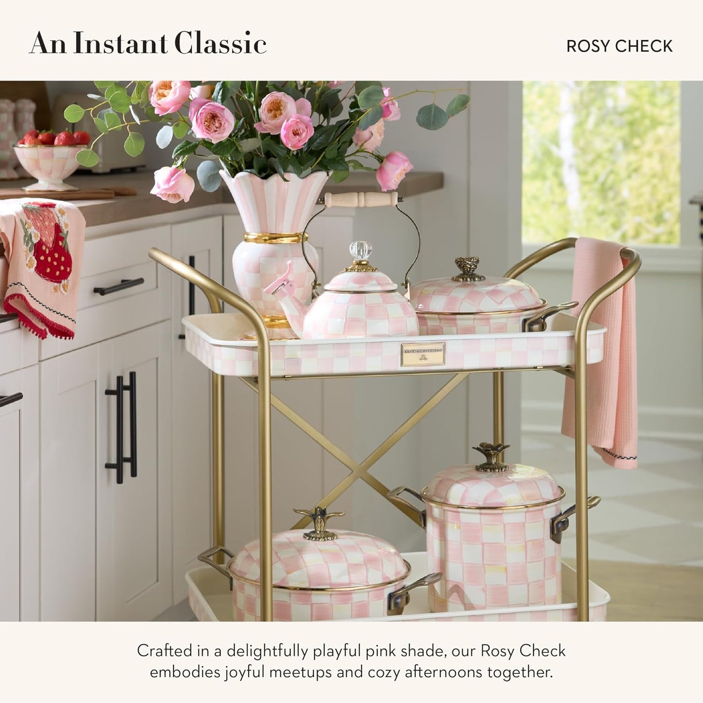 MACKENZIE-CHILDS Enamel Bowl, Serving Bowl for Entertaining, Simply Anything Bowl, Small, Pink-and-White Rosy Check