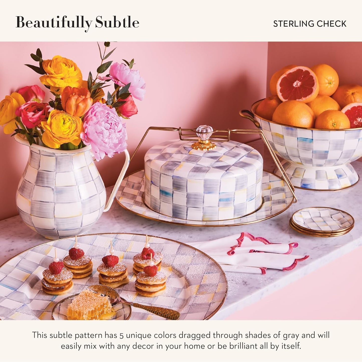 MACKENZIE-CHILDS Enamel Bowl, Serving Bowl for Entertaining, Everything Bowl, Gray-and-White Sterling Check