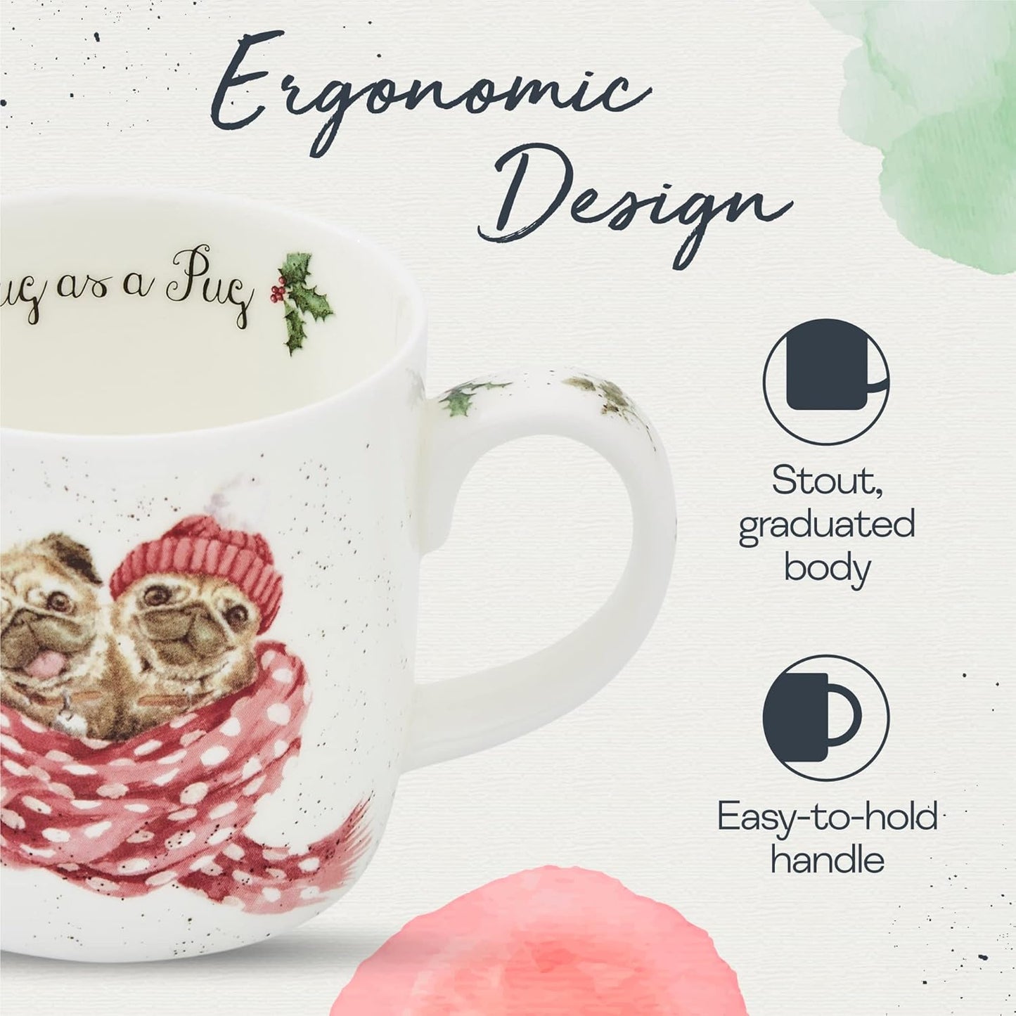 Royal Worcester Wrendale Designs 14 oz Mug, Snug As A Pug with Dog Illustration - Floral Animal Mug for Cottagecore Kitchens - Microwave, Dishwasher, Freezer Safe Fine Bone China Drinkware