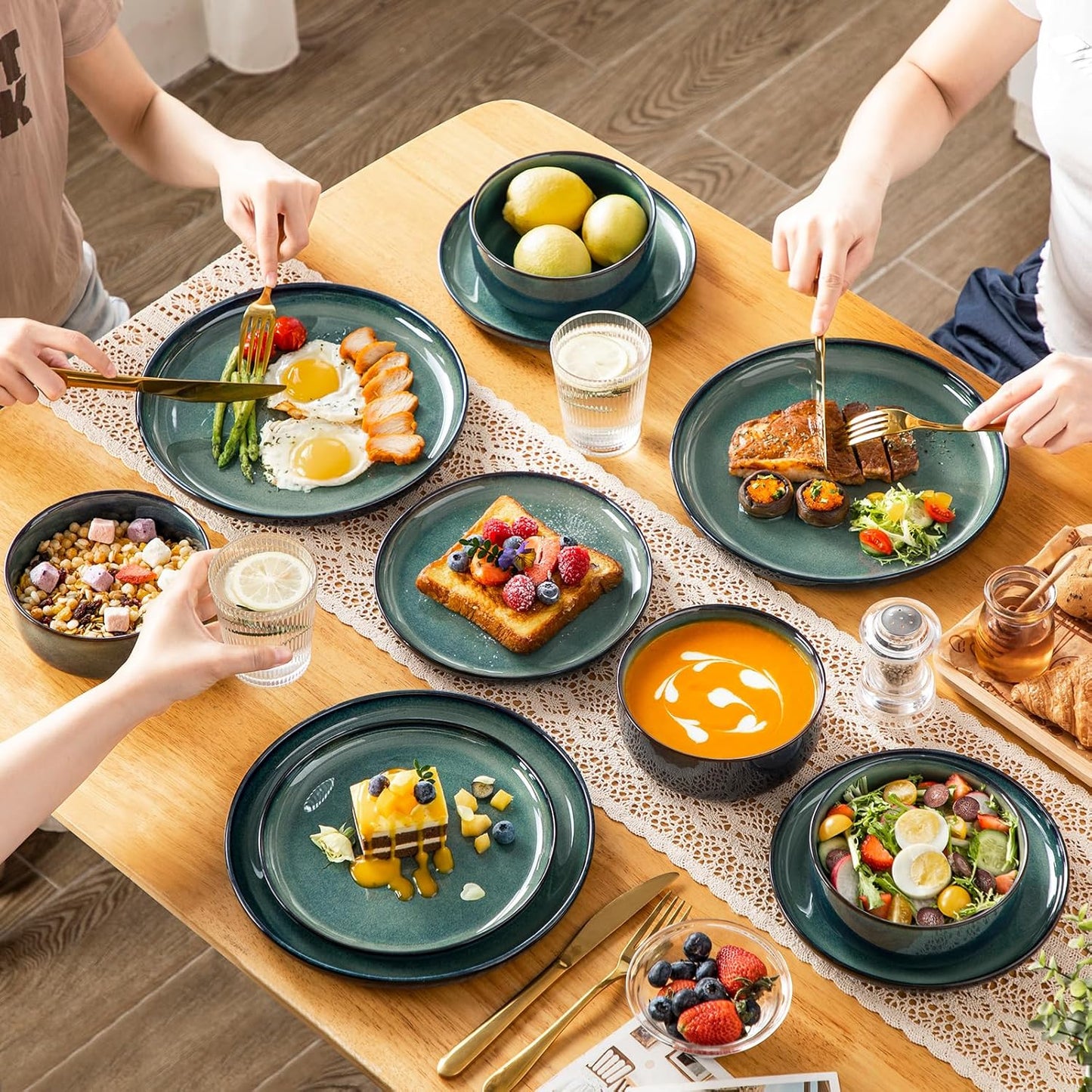 vancasso Starry 18 Pieces Dinnerware Sets for 6, Green Reactive Glaze Dishes Sets, Ceramic Plates and Bowls Set, Dinner Salad Dessert Plates, and Cereal Bowls Set, Dishwasher and Microwave Safe
