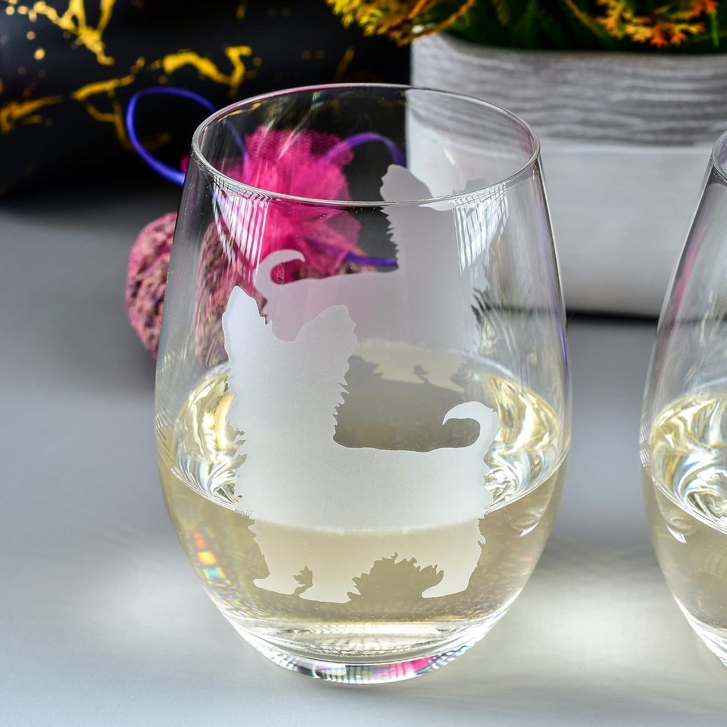 Yorkshire Terrier Stemless Wine Glasses (Set of 2) - Unique Gift for Dog Lovers - Hand Etched with Breed Name on Bottom