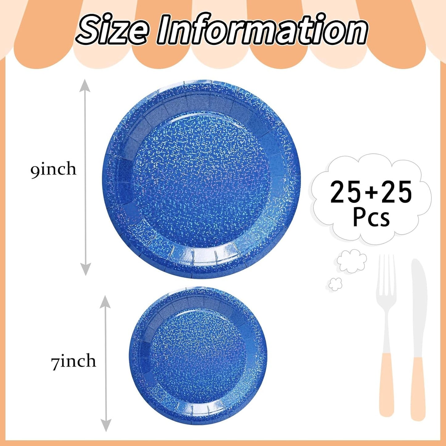 50 Pcs Iridescent Royal Blue Paper Plates 25 × 7'' and 25 × 9'' Disposable Blue Shiny Holographic Foil Dinner Plates for Wedding Baby Shower Birthday Disco Party Glitter Dessert Plate