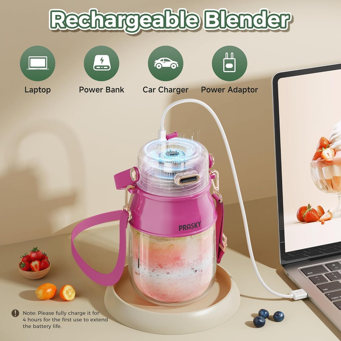 Portable Blender, Prasky Personal Blenders for Shakes and Smoothies with 27oz Cup, Lid and Shoulder Strap, Type-C USB Rechargeable, Personal Size Blenders BPA-free for Travel/Kitchen (Rose Red)
