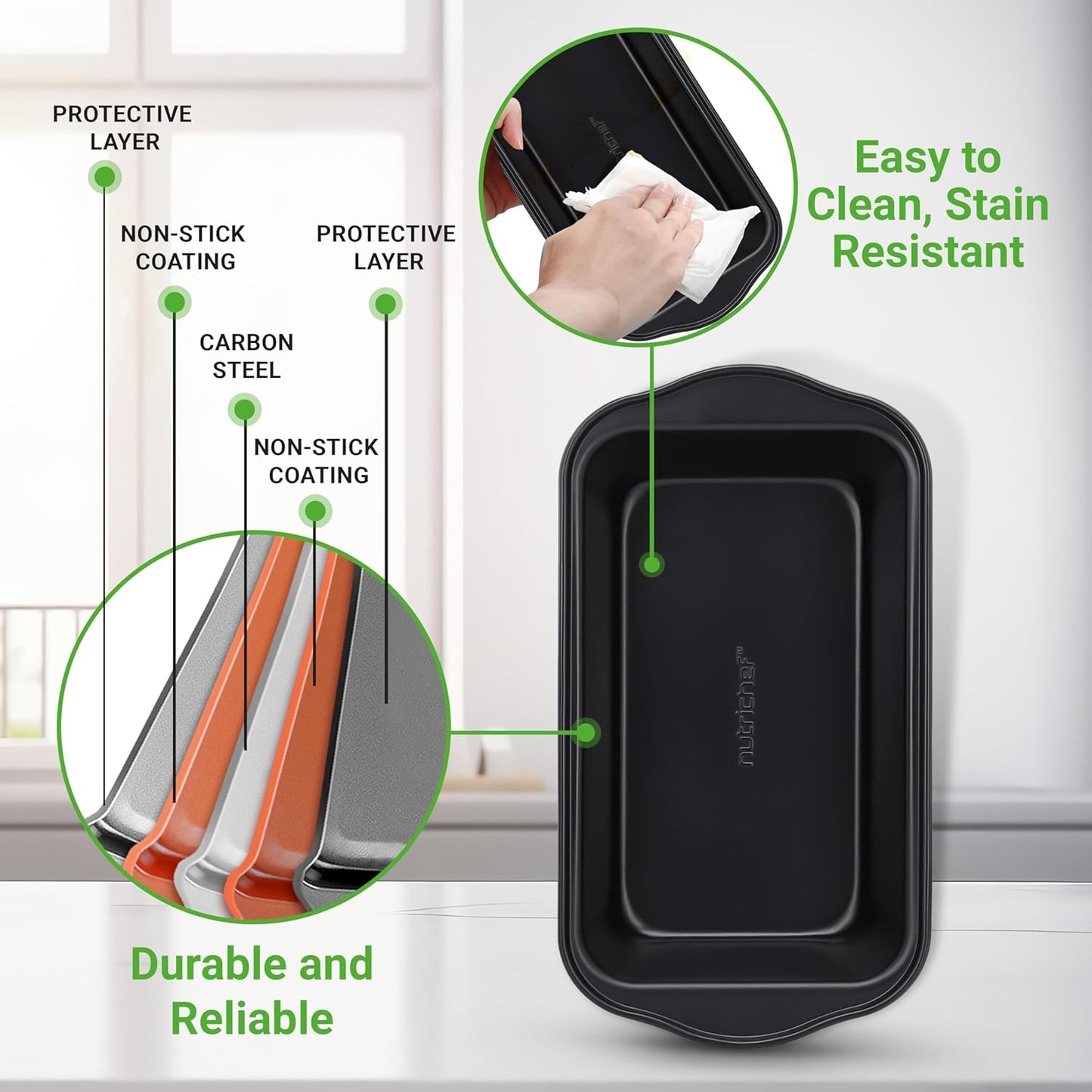 NutriChef Loaf Pans Set of 4 | Non-Stick Premium Bread Pans Quick & Even Heat Distribution | Oven Safe To 450 F | No PFOA, PFOS & PTFEs | Food Grade Carbon Steel | 11.61 x 5.98 x 2.56 Inches (Black)