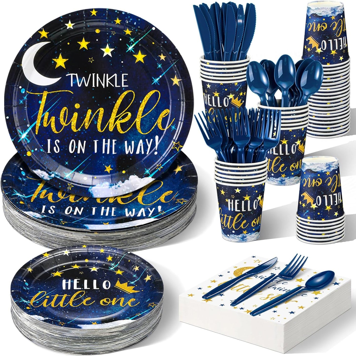 Dandat 350 Pcs Baby Shower Plates Set Baby Shower Party Supplies Serves 50 Tableware Sets Include Plates Napkin Cup Forks Knives Spoons Disposable Dinnerware(Twinkle Twinkle Little Star,Navy blue)