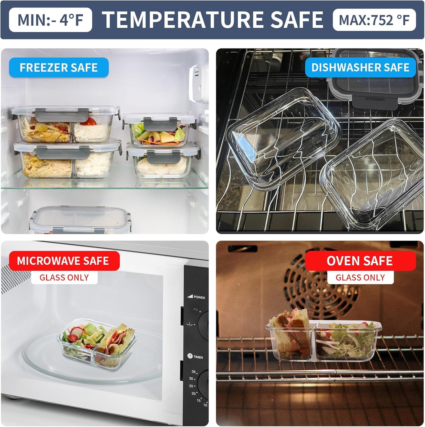 2 Compartment Glass Meal Prep Containers, 6 Pack Reusable Food Storage Containers with Lids, Lunch Containers for Adults, Portion Control, Airtight, Freezer to Microwave Safe(34oz+22oz)