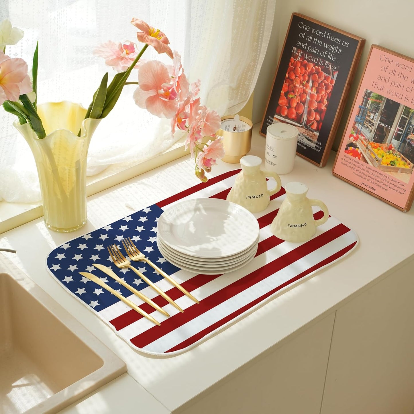 Independence Day Patriotic Dish Drying Mat for Kitchen Counter 18x24 Inch American Flag Dish Drying Pad 4th of July Stars and Stripes for Kitchen Counter Dining Room Decor