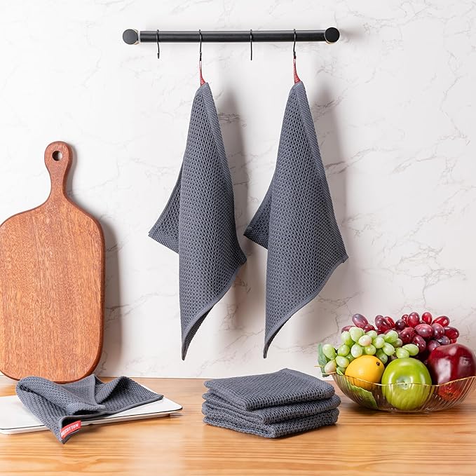 BOOMIBOO ﻿Kitchen Towels 6-Pack Kitchen Dish Cloths,100% Cotton Towels Waffle Weave, Ultra Soft Absorbent, Quick Drying, 12x12 Inches,Dark Grey