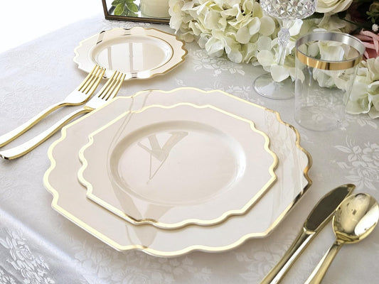 " OCCASIONS " 50 Plates Pack (25 Guests)-Heavyweight Wedding Party Disposable Plastic Plate Set -(25x10.5'' Dinner + 25x8'' Salad/Dessert) (Imperial Ivory & Gold)