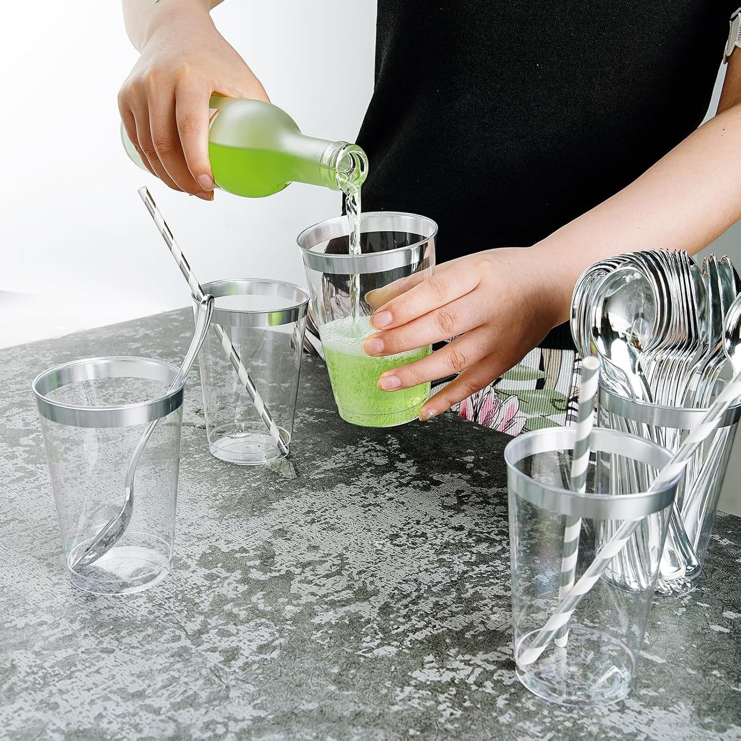 250 Count Silver Disposable Plastic Dinnerware Set, 50 Silver Plates, 25 Plastic Silverware, 25 Cups and Straws, 50 Napkins, Perfect for Wedding Party