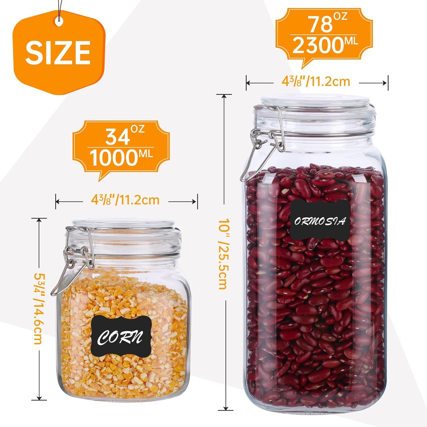 Mason Jars, 3 Pcs 34oz 1000ml Glass Food Storage Containers with Airtight Lids, Flour Sugar Storage Containers Sets for the Kitchen, With Metal Food Tongs & Measuring Cups & Sorting Labels