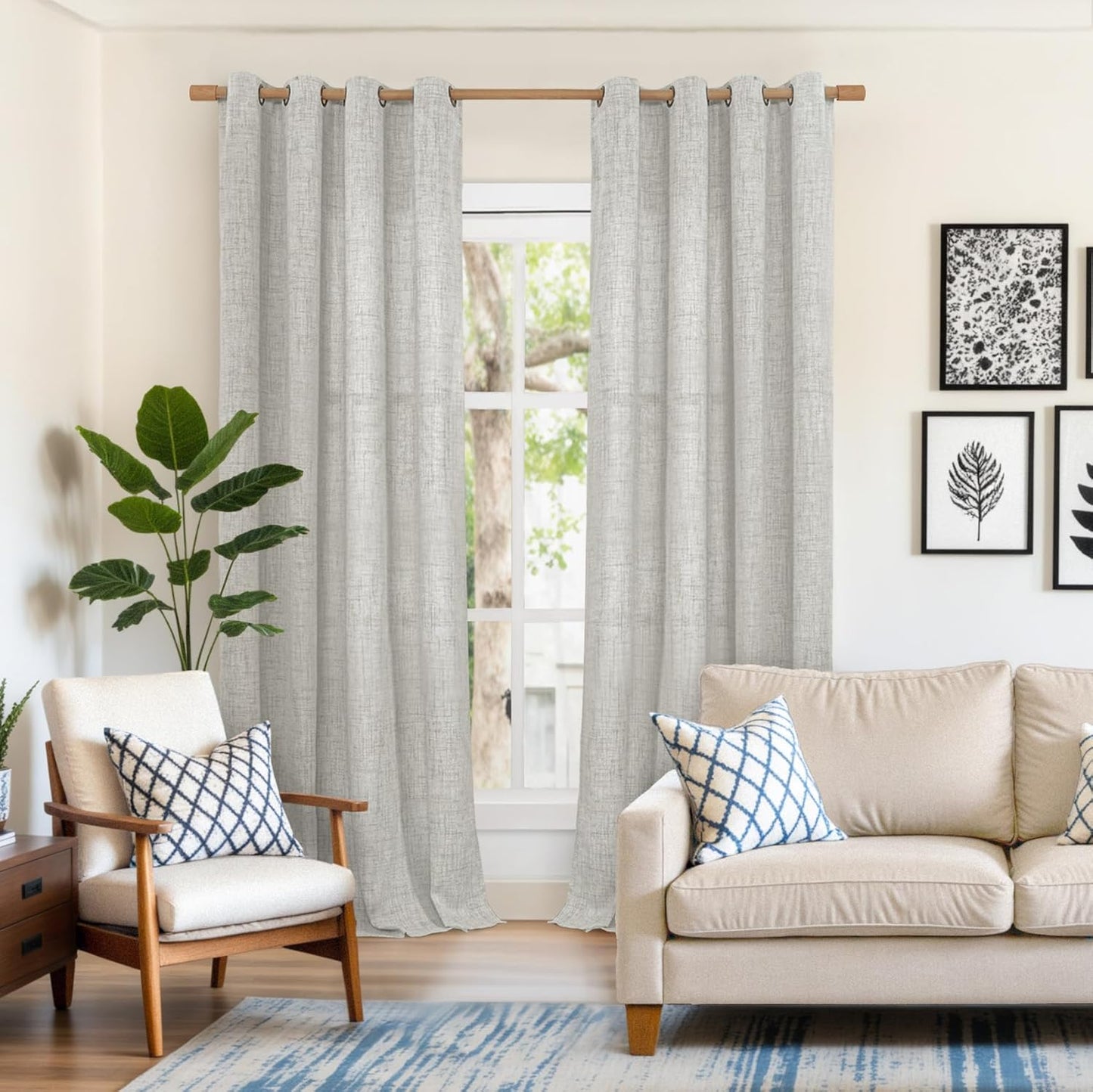 YoungsTex Light Grey Linen Curtains 90 Inch Length for Living Room, Textured Semi Sheer Window Treatments Light Filtering with Bronze Grommet for Sliding Door Dining Bedroom, 2 Panels, 52 X 90 Inch