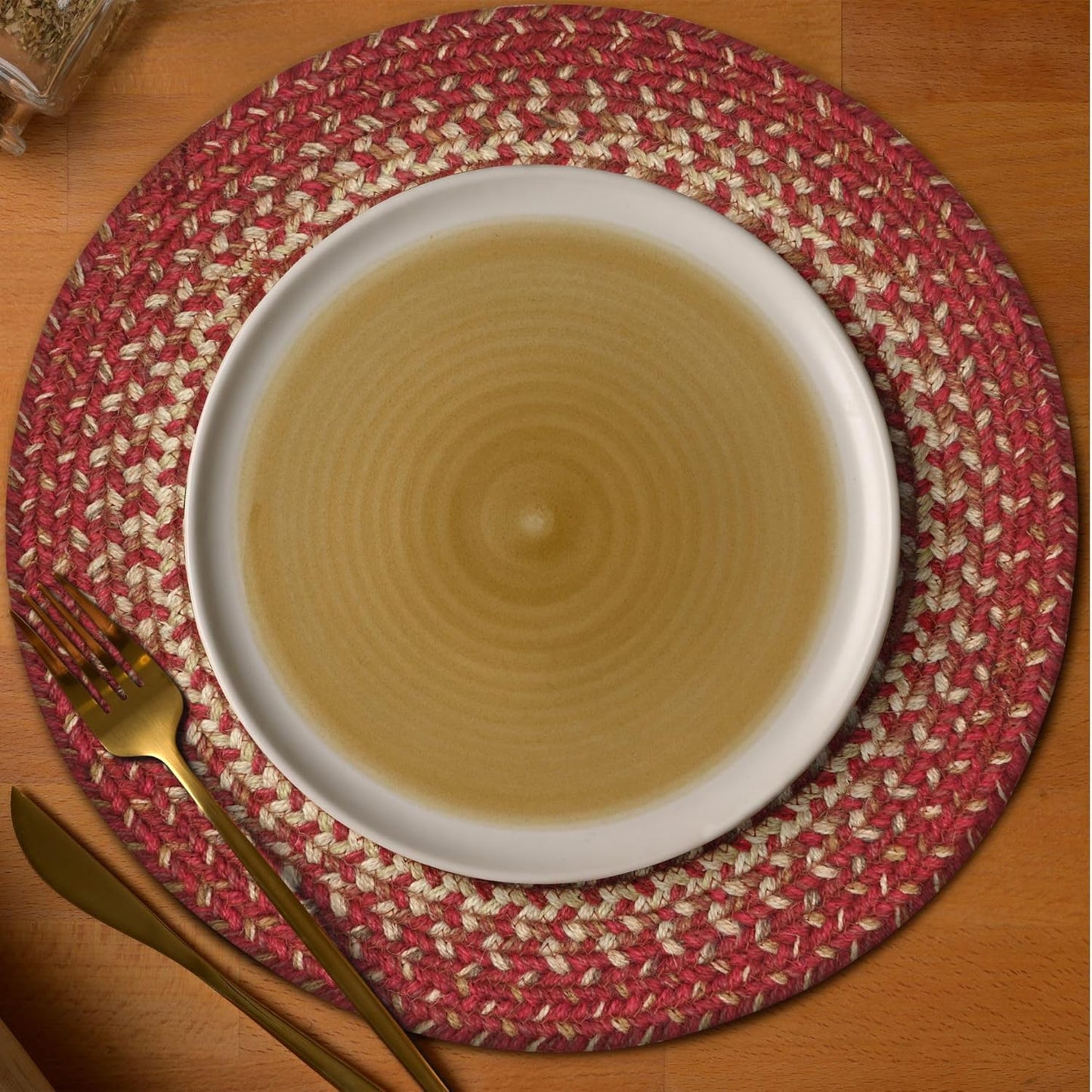 Homespice Apple Pie Jute Braided Trivets for Table, Warm Country Decor, Set of 3, Red 8" Round Heat Resistant Mats - Rich Colors, Easy to Clean, Durable and Protects Furniture