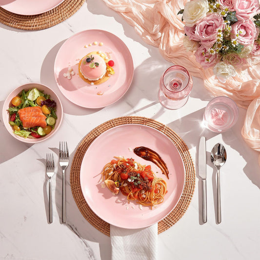 KINGSTONE Bone China Dinnerware Sets, 24-Piece Dinnerware Set for 8, Lightweight Durable, Dishwasher Safe, Tableware for Daily Use with Elegant Design, Pink