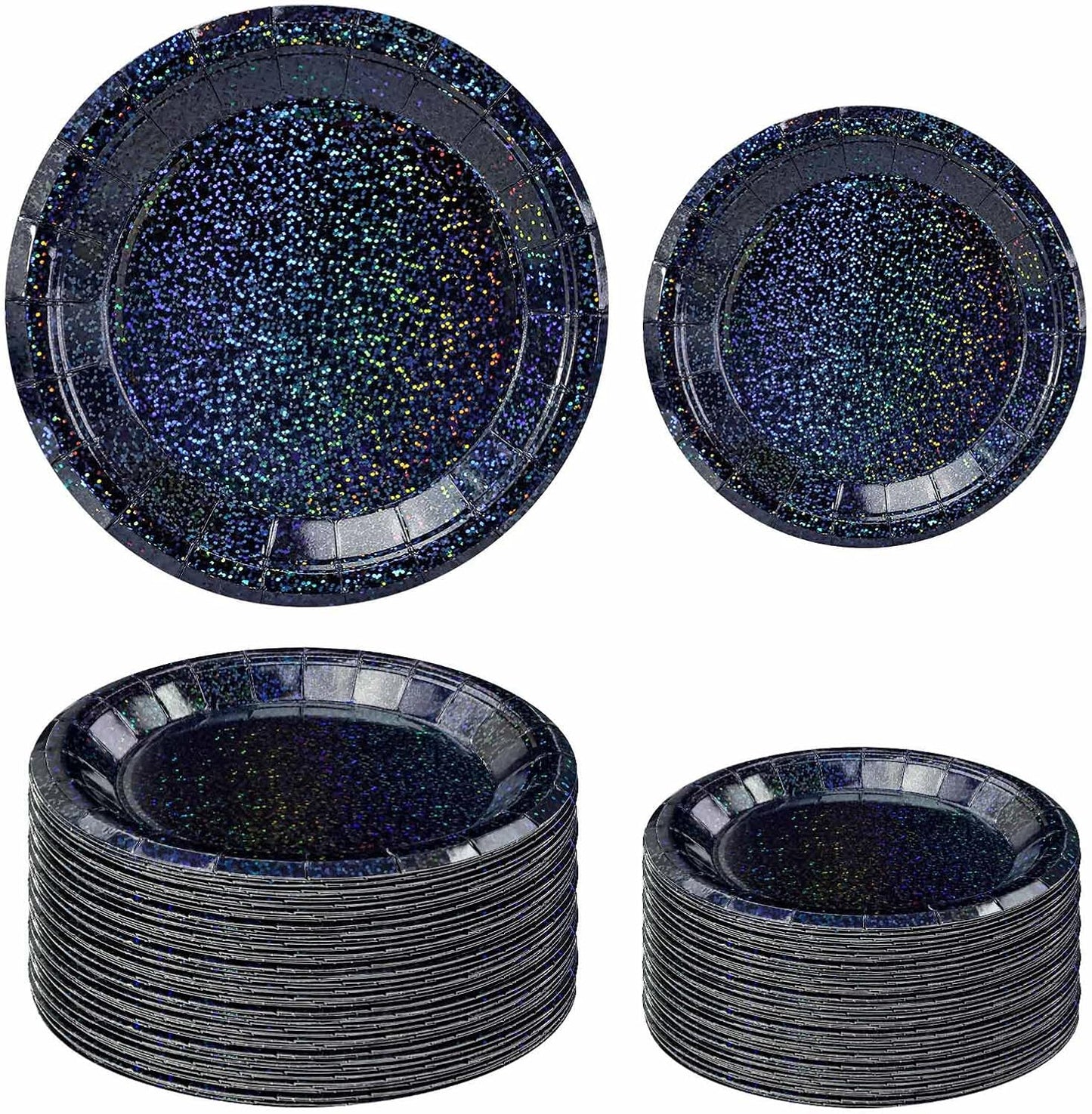 50 Pcs Iridescent Black Paper Plates 25 × 7'' and 25 × 9'' Disposable Black Shiny Holographic Foil Dinner Plates for Wedding Baby Shower Birthday Halloween Party Glitter Dessert Plate