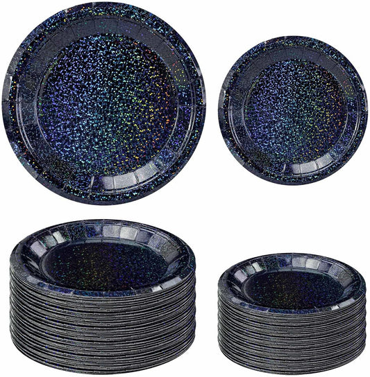 50 Pcs Iridescent Black Paper Plates 25 × 7'' and 25 × 9'' Disposable Black Shiny Holographic Foil Dinner Plates for Wedding Baby Shower Birthday Halloween Party Glitter Dessert Plate