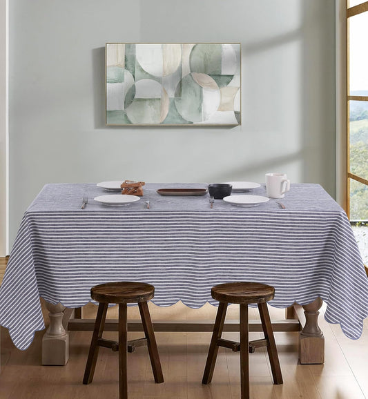 100% French Flax Linen Tablecloths Scalloped Embroidery Rectangle 120Lx60W Inch for Dinners, Parties, Spring, Machine Washable, 10-12 Sets, Blue Stripe(Edges-Blue)