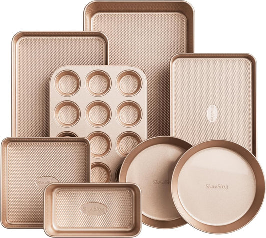 Baking Pans Set 8-Piece Bakeware Sets, Baking Sets for Cooking Nonstick Oven Pan Set, Baking Sheet Set, Cookie Sheets for Baking, Muffin Pan, Cookie Sheets (Ceramic Coated Gold)