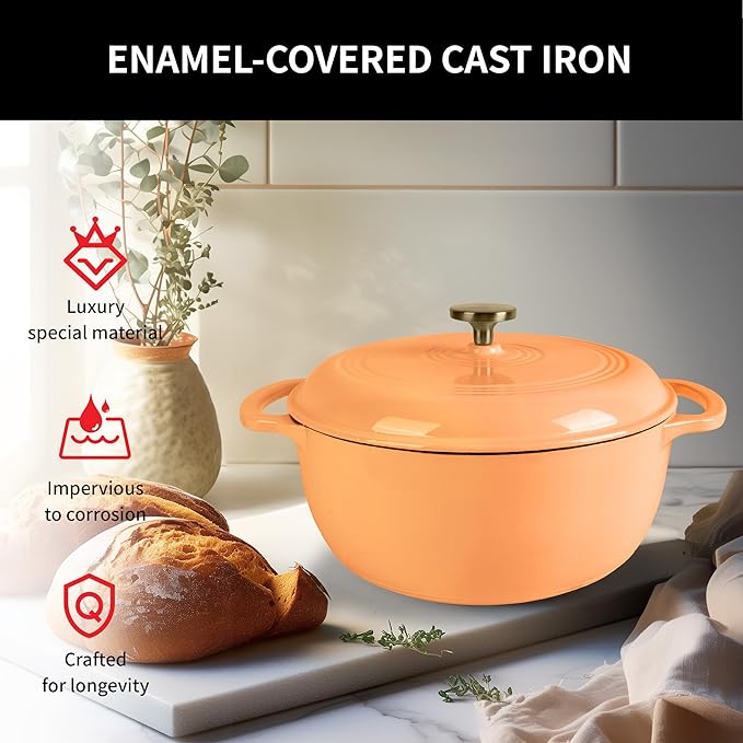 Premium Enameled Cast Iron Dutch Oven for Bread Baking | Non-Stick 2QT Oval Bread Oven with Lid | Perfect for Sourdough, Loaf, and Artisan Baking (Round Orange, 5.5 QT)