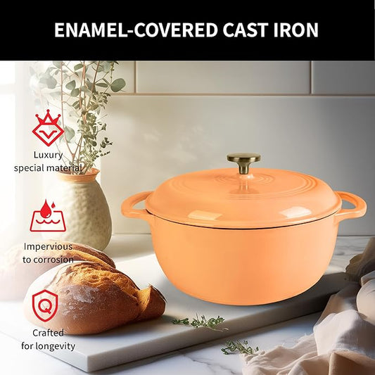 Premium Enameled Cast Iron Dutch Oven for Bread Baking | Non-Stick 2QT Oval Bread Oven with Lid | Perfect for Sourdough, Loaf, and Artisan Baking (Round Orange, 5.5 QT)