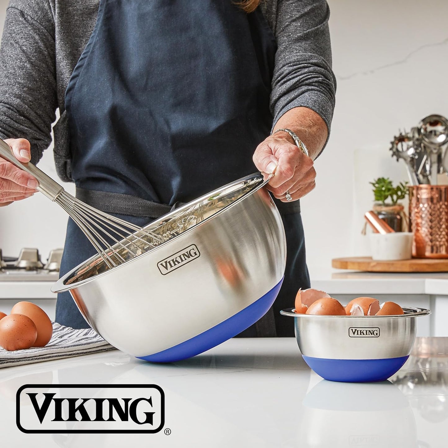 VIKING Mixing Bowls Set, 10 Piece Stainless Steel Kitchen Cookware, Non-Slip Silicone Base, Includes Tight Fit Lids, Dishwasher Safe, Blue