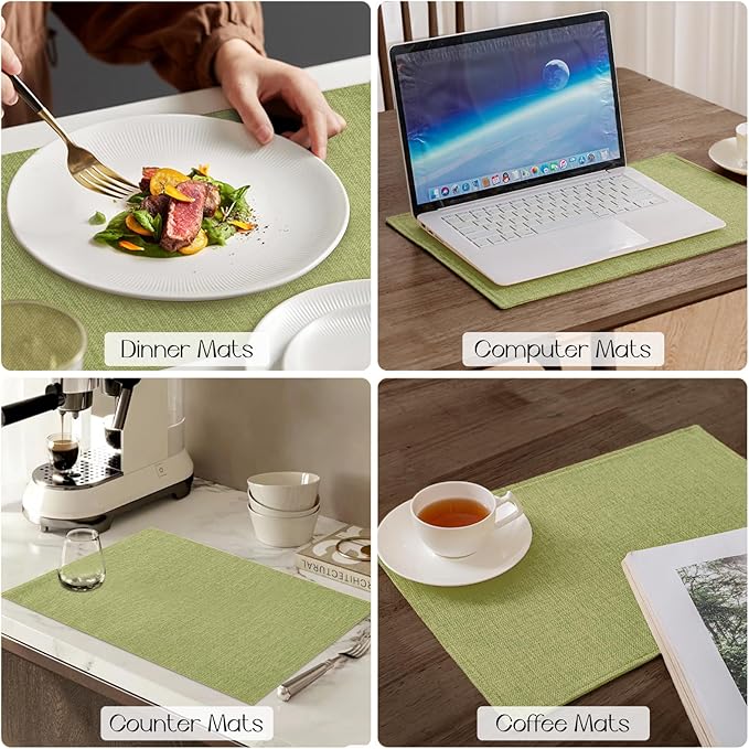Romanstile Cloth Placemats Set of 4-12 x 18 Inch, Heat Resistant Double Layered Thickened Burlap Place Mats, Washable Faux Linen Farmhouse Table Mats for Kitchen/Dining/Party/Outdoor, Green