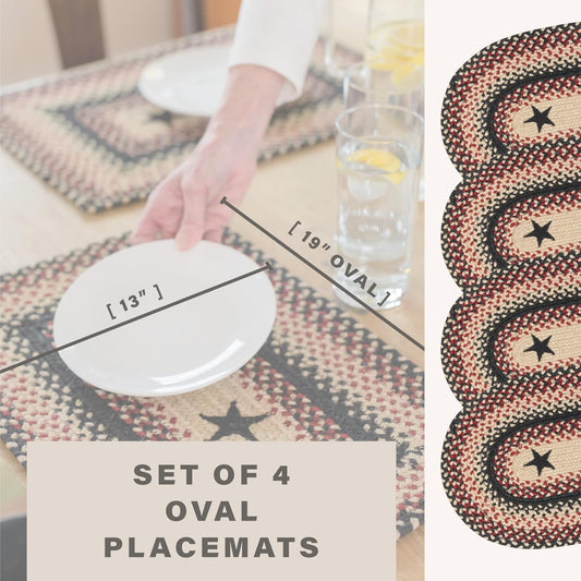 Homespice Primitive Star Gloucester Jute Braided Placemats, Warm Primitive Decor, Set of 4, Black and Red 13x19 Oval Table Mats - Vibrant Colors, Durable, Easy to Clean and Protects Furniture