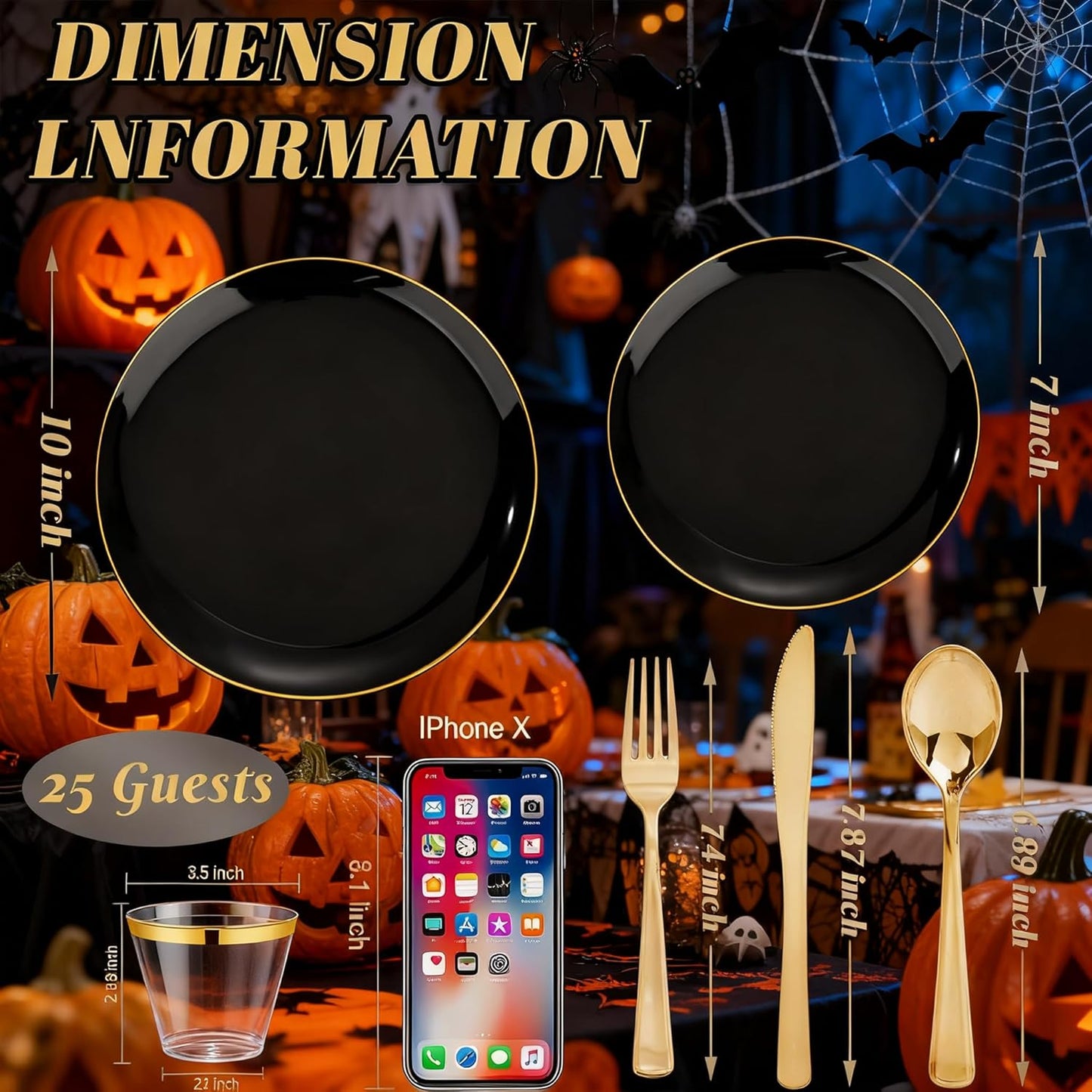 WDF 150PCS Black Plastic Plates - Black and Gold Plates Disposable - 25guest Disposable Dinnerware Sets for Party/Wedding/Halloween/New Year