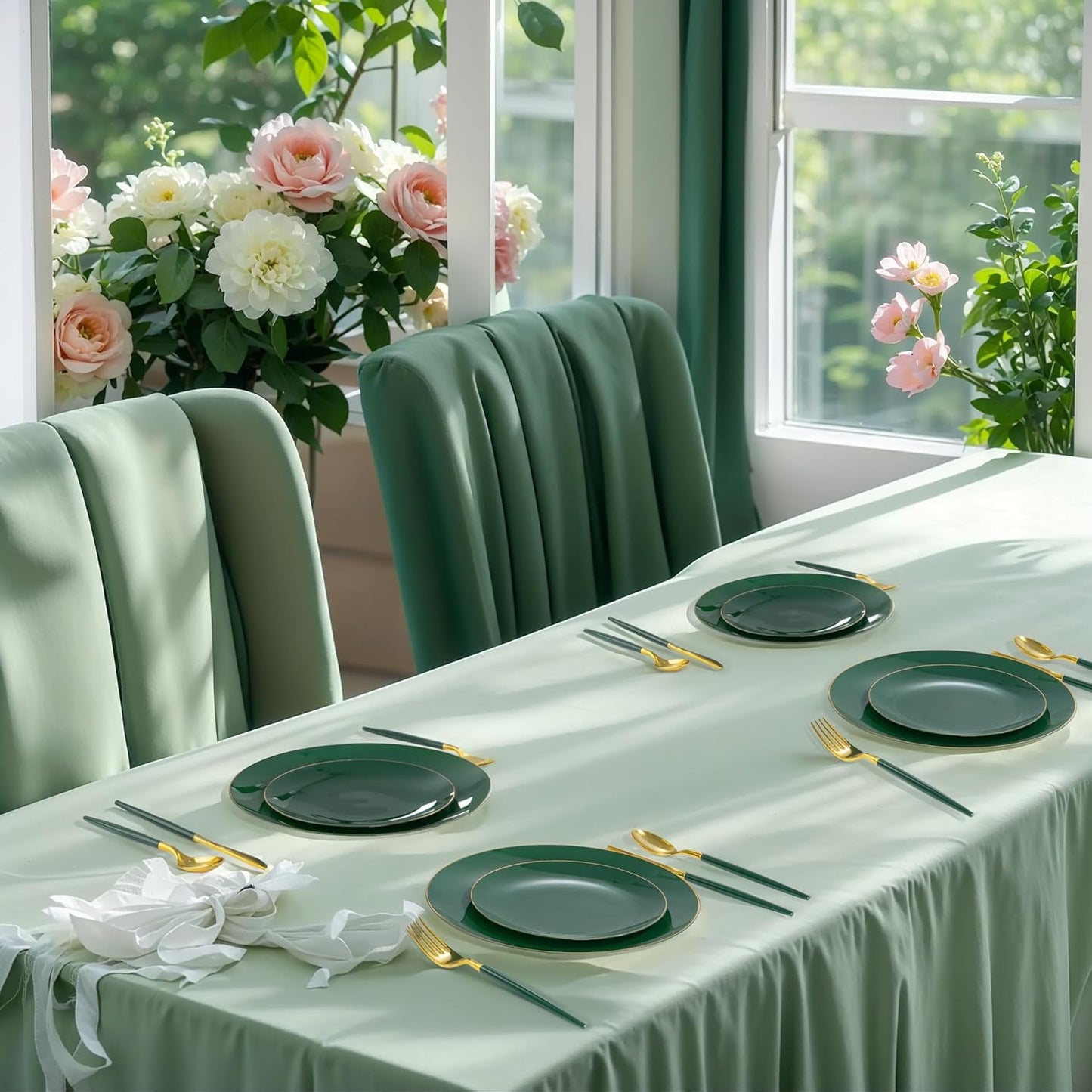 DaYammi 150Pcs Green and Gold Plastic Plates Heavy Duty Gold Rimmed plates Green Plastic Disposable Plates Included 30 Dinner Plate,30 Dessert plate,30 Knives,30 Forks,30 Spoons for Party