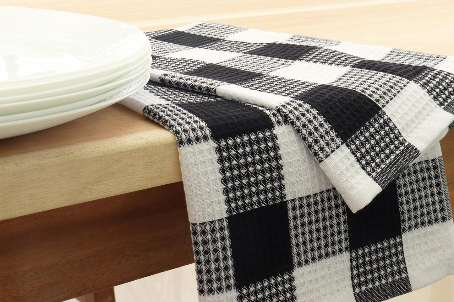 PurpleEssences 100% Cotton Waffle Weave Check Plaid Kitchen Towels, Super Soft and Absorbent Dish Towels for Drying Dishes 15 x 25-4 Pack - Fall Thanksgiving - Black and White