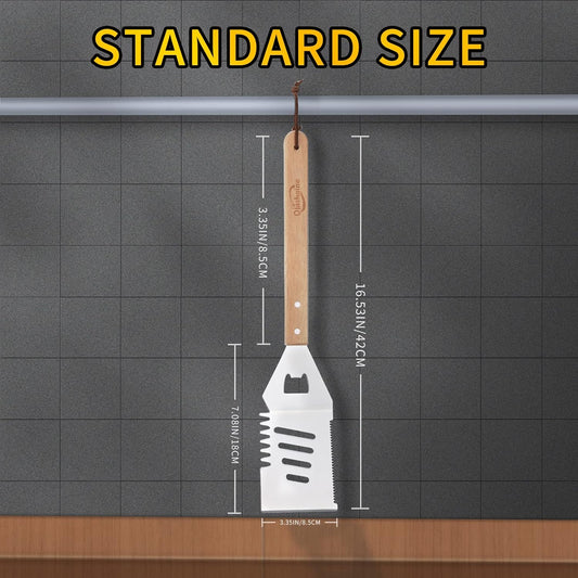 4-in-1 BBQ Spatula, Multifunction Grill Spatula with Wooden Handle, perfect for BBQ grills and kebabs for camping picnics