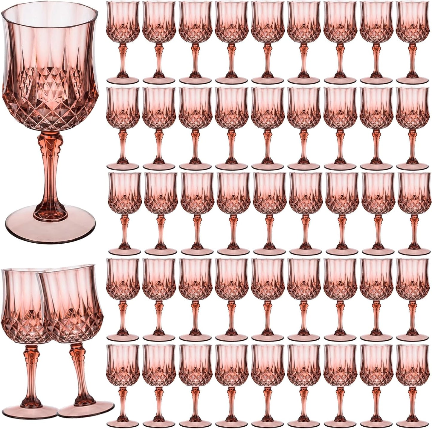 7OZ Plastic Wine Glasses, 48Pcs Rose Red Reusable Drinking Cups Vintage Champagne Flutes, Plastic Crystal Water Goblets for Parties Stemmed Shatterproof Drinking Glasses for Wedding, Toasting Party