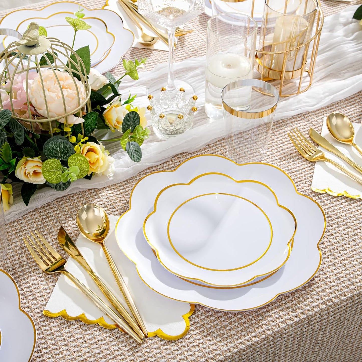 WONDERFUL 350PCS White Plastic Plates for Party Plates Disposable Heavy Duty Plastic Dinnerware Sets for 50 Guests - 100 Disposable Plate,150 Silverware,50 Cups,50 Wedding Napkins for Party Wedding