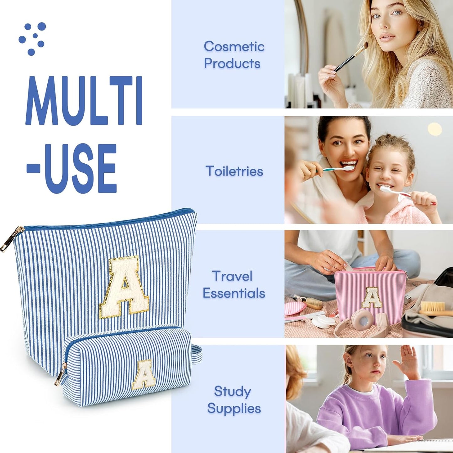 2 PCS Initial Makeup Bags for Women: Cosmetic Bag for Travel Toiletry - Birthday Gifts for 11 12 13 14 15 16 17 18 Years Old Girl Graduation Teacher Gift- Teen Girl Gifts Trendy Stuff - Blue B