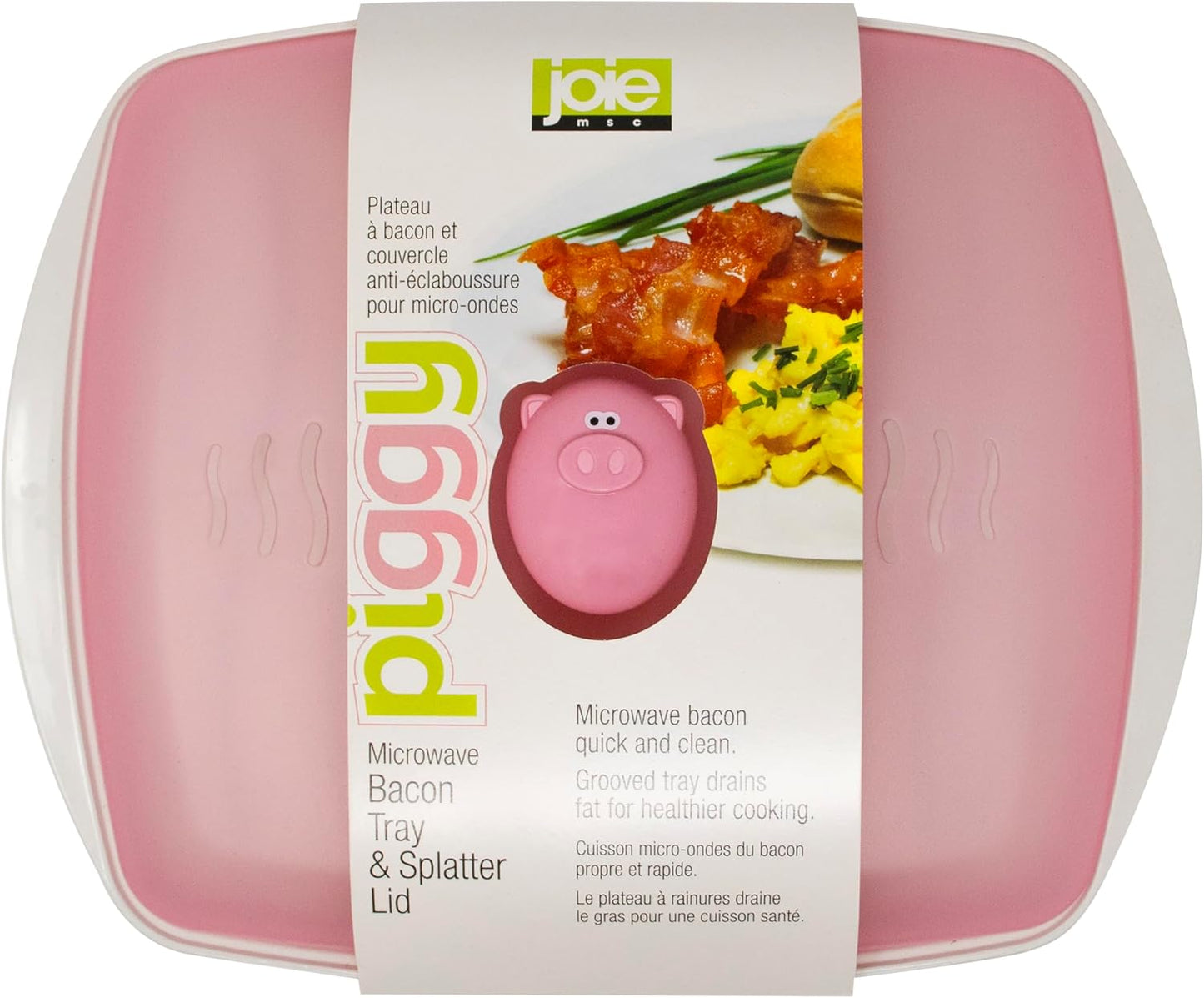 Joie Piggy Microwave Bacon Grooved Cooking Tray with Splatter Lid, Holds 4-5 Strips of Bacon, Easy to Clean, Convenient Kitchen Tool, BPA-Free, Dishwasher Safe