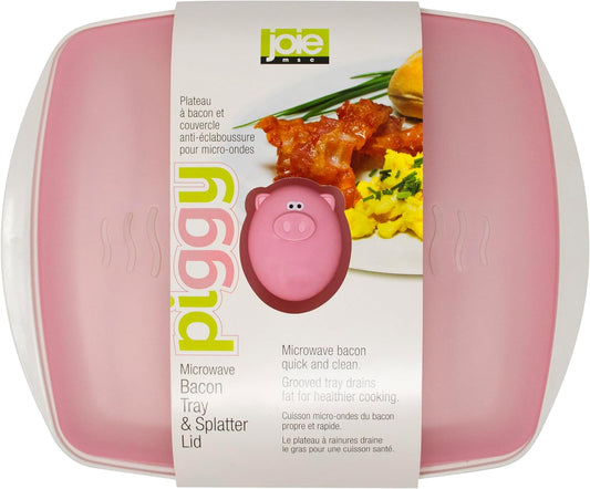 Joie Piggy Microwave Bacon Grooved Cooking Tray with Splatter Lid, Holds 4-5 Strips of Bacon, Easy to Clean, Convenient Kitchen Tool, BPA-Free, Dishwasher Safe