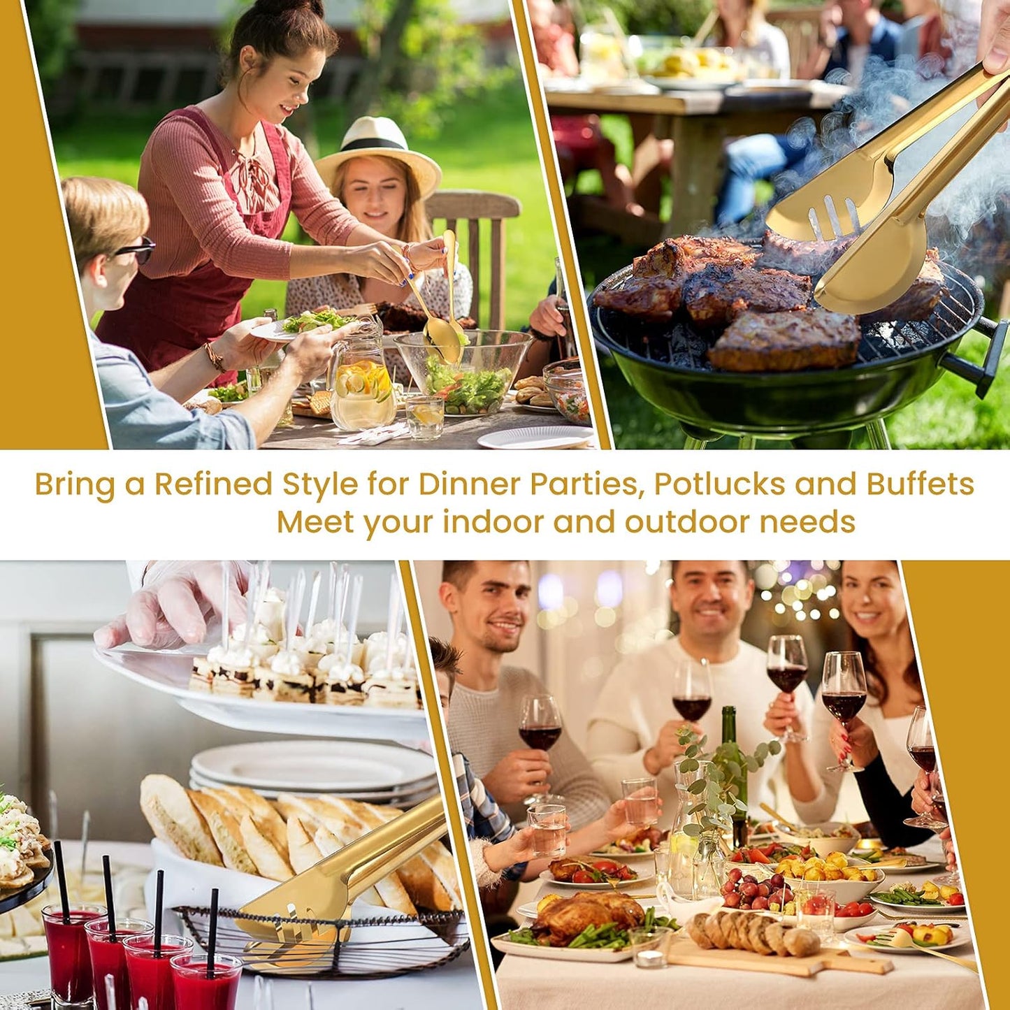 Patelai 8 Pieces Christmas Stainless Steel Gold Serving Utensils Set 8.7" Large Spoons and Slotted Spoon 9.45" Tong 9" Forks Flatware Wedding Party Buffet Banquet Cooking Kitchen Catering