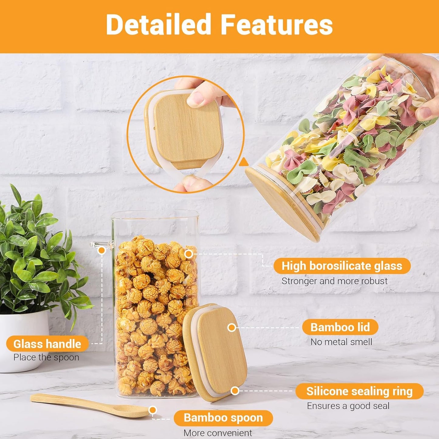 Glass Jars with Bamboo Lids and Spoons - 2 Pack 53 Fl.oz Square Pasta Storage Containers Set, Includes Labels, Marker and Brush, Large Glass Canisters for Kitchen Pantry, Cereal, Rice, Flour