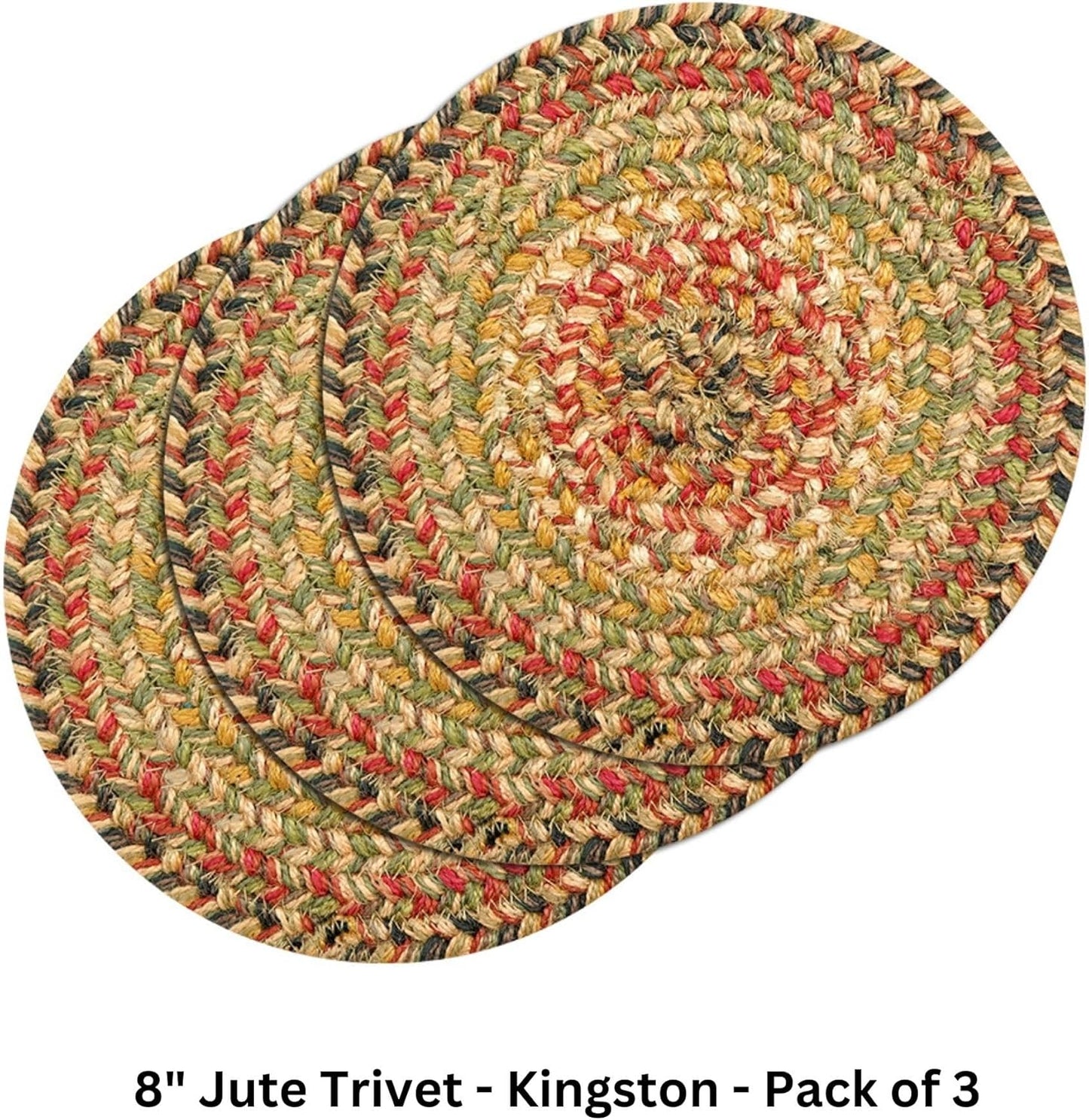 Homespice Kingston Jute Braided Trivets for Table, Warm Country Decor, Set of 3, Multicolor 8" Round Heat Resistant Mats - Rich Colors, Easy to Clean, Durable and Protects Furniture