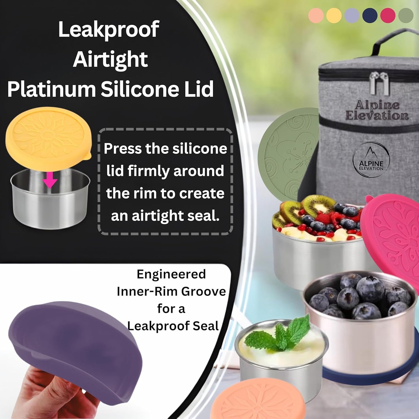 12 Pcs - 6 Stainless Steel Containers + 6 Silicone Lids | 304 Stainless Steel Snack Container | Nesting Snack and Dip Containers | Metal Food Storage