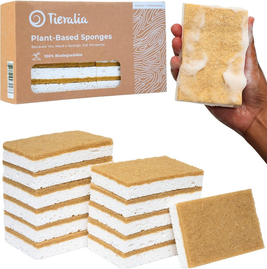 Tieralia Natural Dish Sponge Set – 12-Pack Eco-Friendly & Compostable Scrubbers | Cellulose & Sisal | Non-Toxic, Odor-Free, Reusable Kitchen Sponges for Dishes, Sink, Pots & Pans