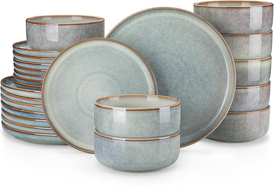vancasso PLAYA Plates and Bowls Sets, 24 Pieces Light-Blue Dinnerware Sets for Kitchen, Reactive Glaze Dishes Set for 8, Dishwasher and Microwave Safe