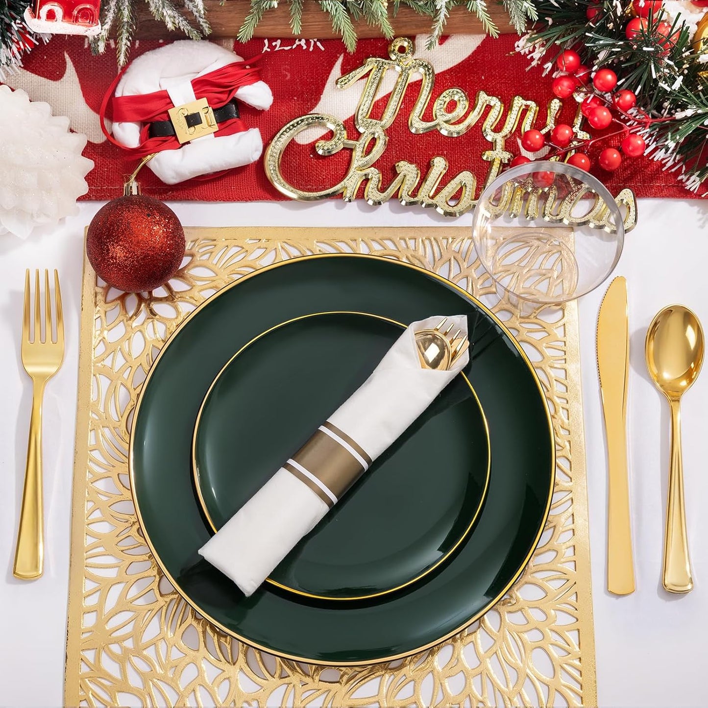 KIRE 175PCS Green Plastic Plates with Gold Rim - Heavy Duty Green Plates Disposable Include 50 Christmas Plastic Plate, 25Pre Rolled Napkins 25 Cups For Christmas/Party