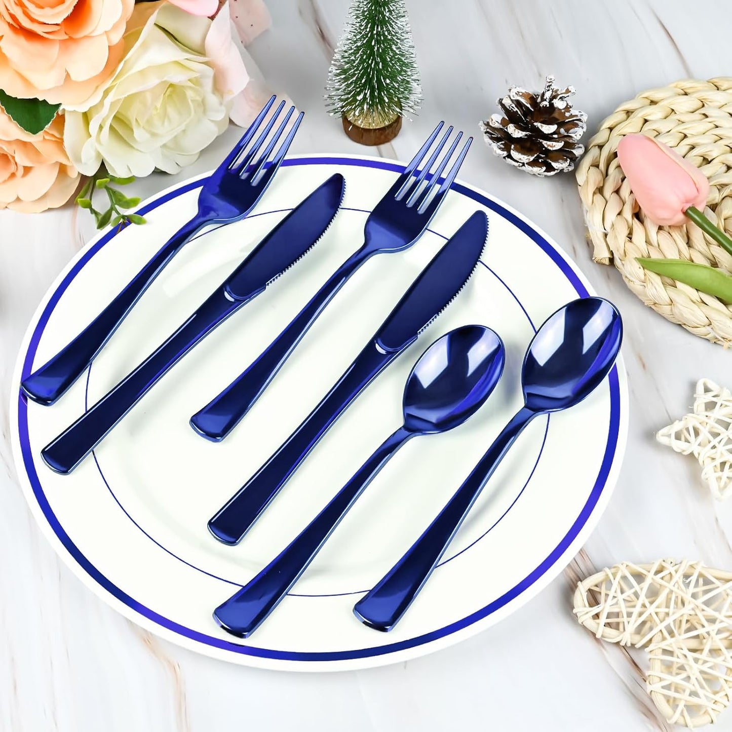 60Pack Blue Pre Rolled Plastic Silverware - Wrapped Blue Disposable Cutlery with Napkins, Heavy Duty Rolled Plastic Silverware Set, Disposable Utensils with Dinner Napkins for Party