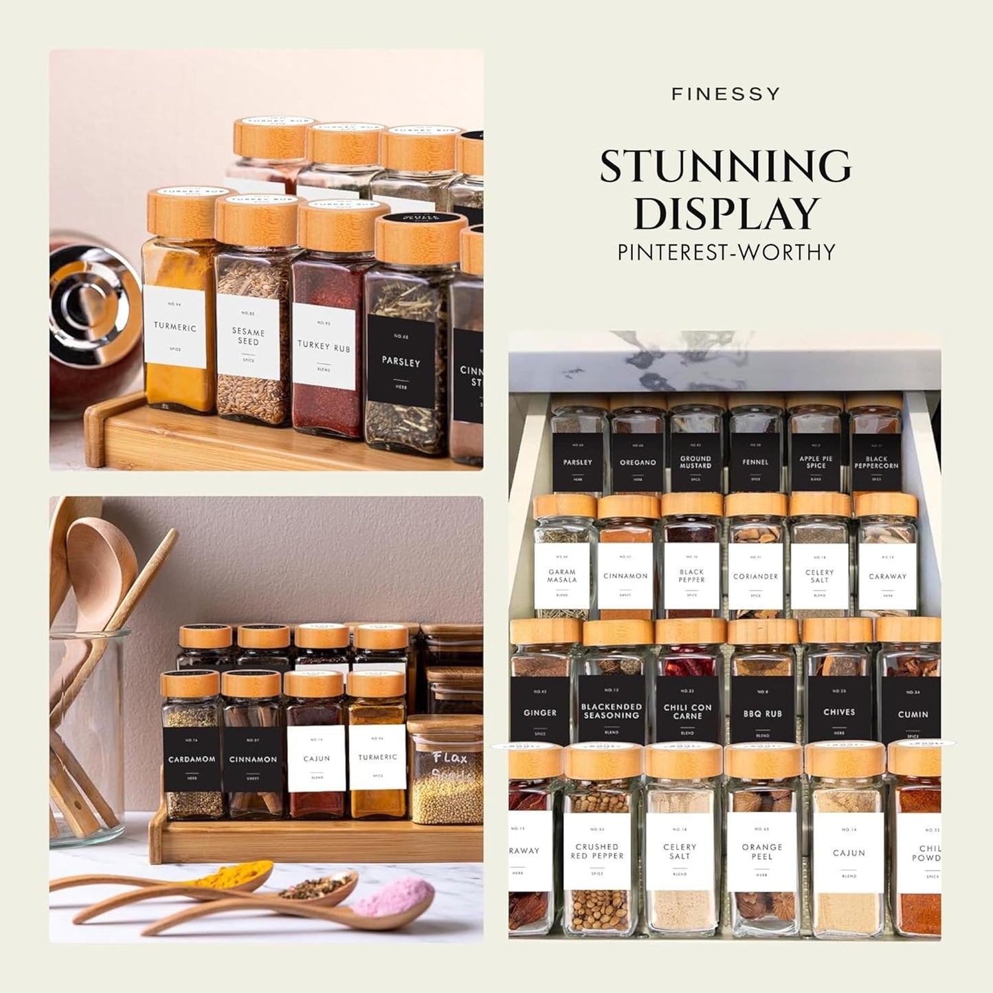 Glass Spice Jars with Label with Bamboo Lids Minimalist 36 Pack Set, 4oz Clear Empty Bottles Seasoning Organizer Jars with Shaker Lids, Small Square Airtight Spice Seasoning Containers Herb Storage