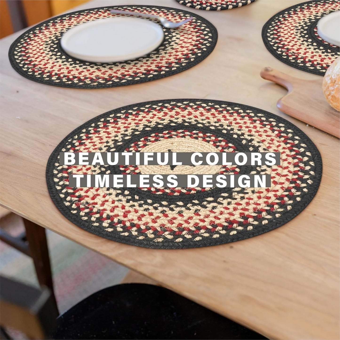 Primitive Star Gloucester Jute Woven Round Placemats Set of 6, 15", Warm Primitive Decor, Black and Red Table Mats - Vibrant Colors, Durable, Easy to Clean and Protects Furniture