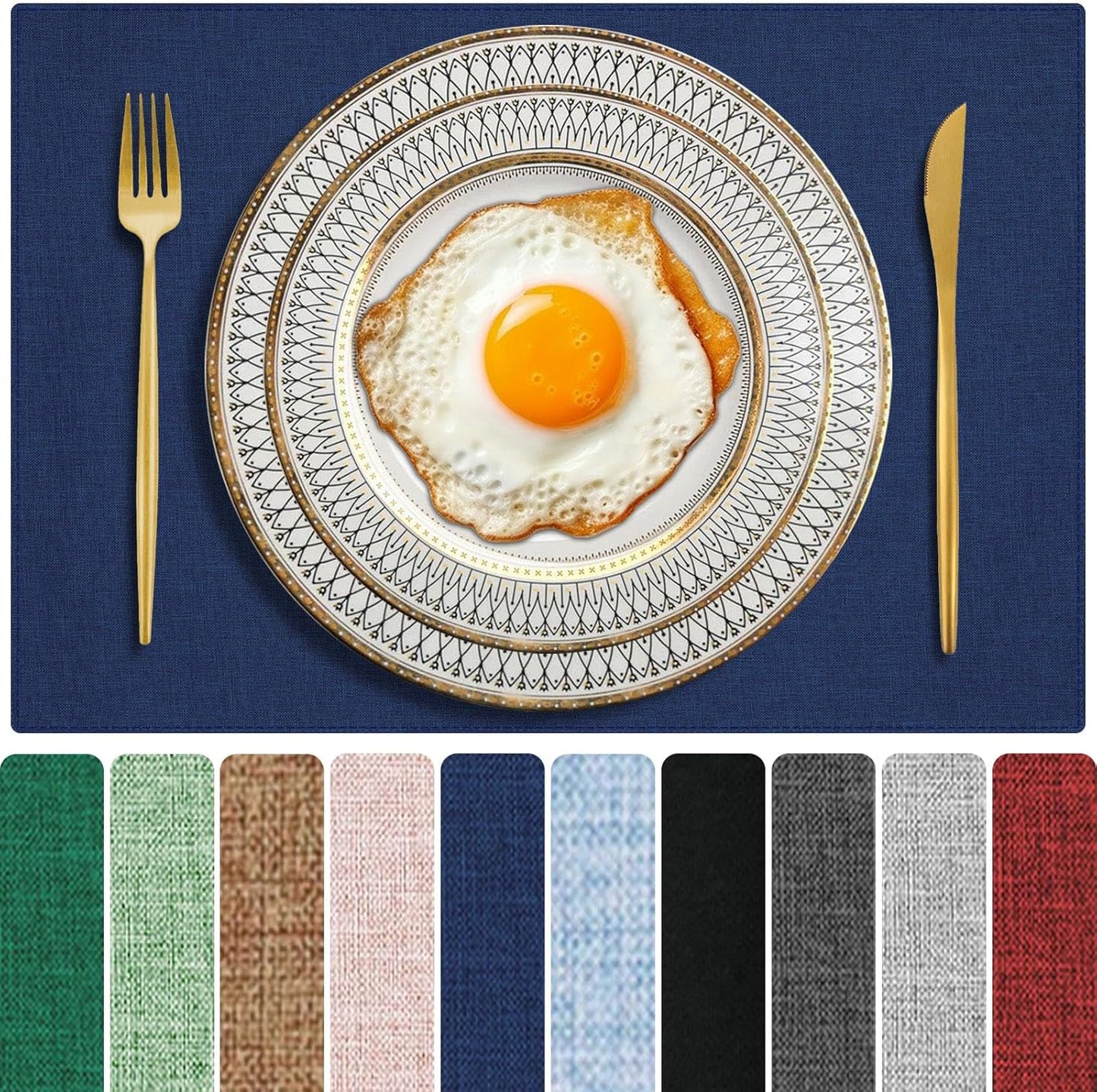 Cloth Placemats Set of 4, Cotton Linen Blend Machine Washable Double Layered Place Mats, Heat Resistant Placemats Wrinkle Free Thick Fabric Dining Table Mats for Indoors & Outdoors (Navy Blue, 4)