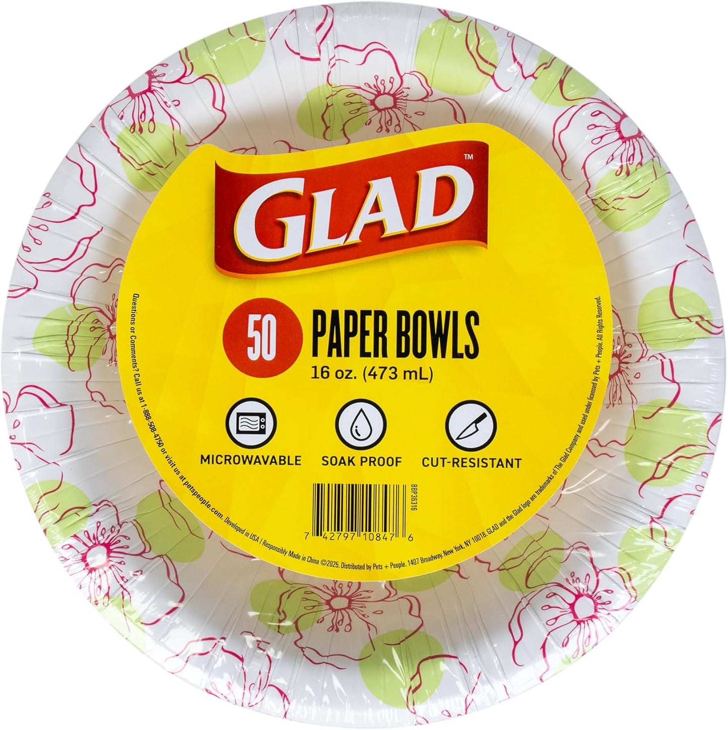Glad Round Disposable Paper Bowls, Pink Flower Design - Heavy Duty, Soak Proof, Cut-Resistant, Microwavable Bowl for All Foods & Daily Use, 16 Oz, 50 Count