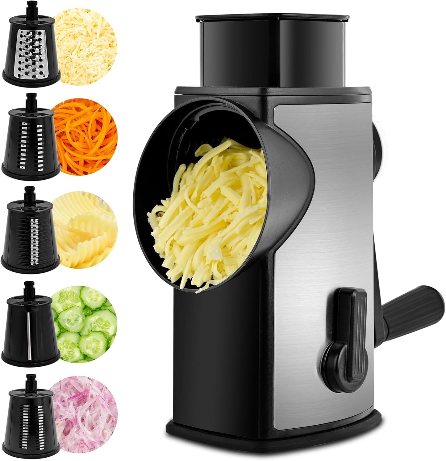 SUSTEAS Rotary Cheese Grater with Handle, Kitchen Mandoline Vegetable Slicer with 5 Interchangeable Blades, Easy to Clean, Strong Suction, Grater Slicer for Fruit, Vegetables, Nuts, with Storage Case